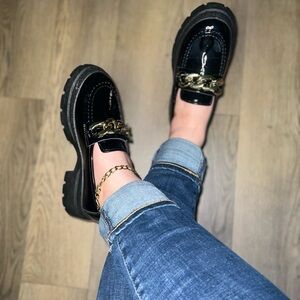 Black Patent Leather Loafers with Gold Chain